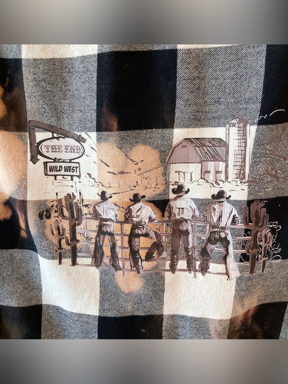 Western Flannel Shacket L Buffalo Plaid Cowboy Graphic Upcycled Y2K